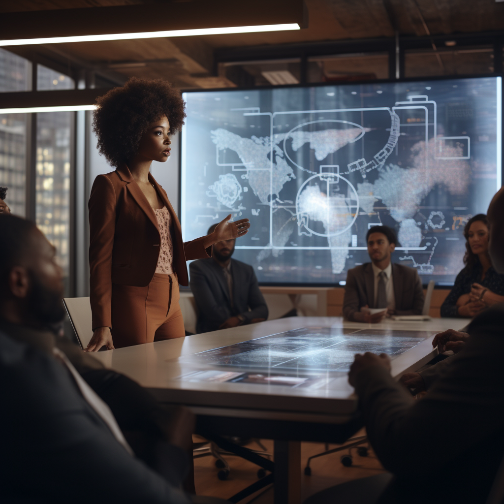 African American woman presenting on AI at a corporate office