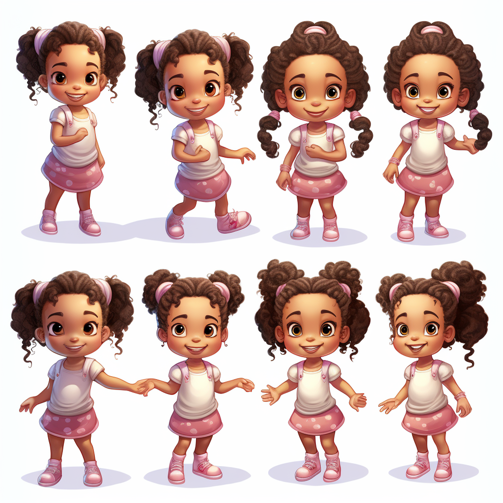 Cute African American girl with pigtails in different poses