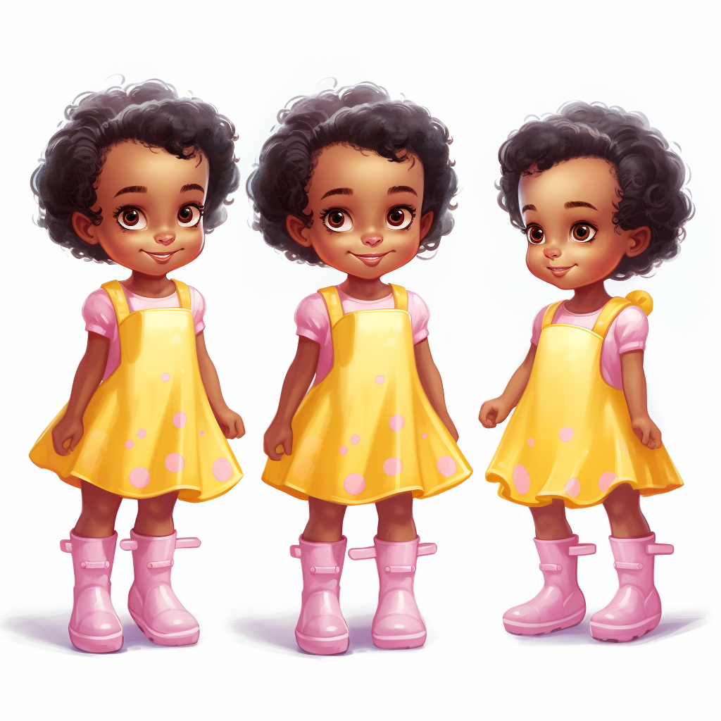 Cute African American girl in yellow rain boots and pink dress