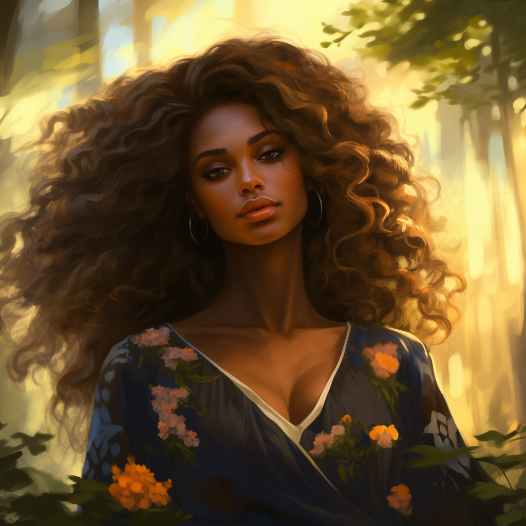 African American lady with big wavy hair in nature