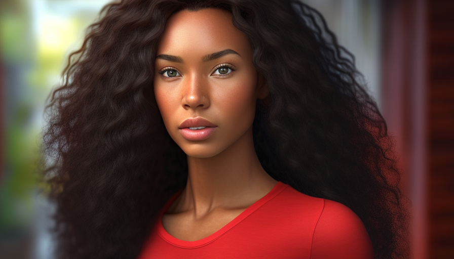 Beautiful African American woman with long hair in a red shirt