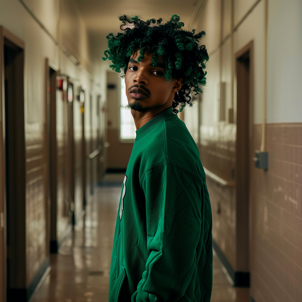 African American Man Walking Dorm Hallway