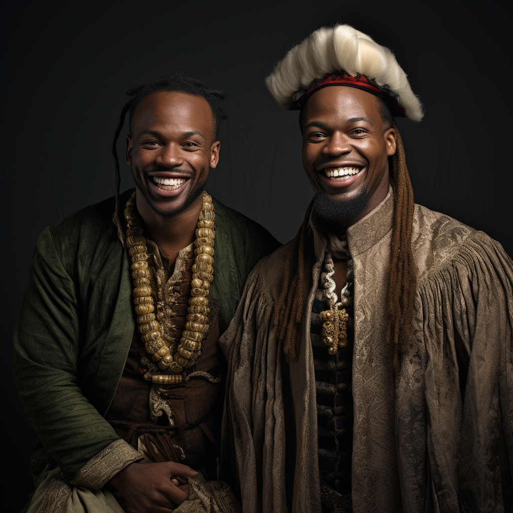 African American men in biblical garments smiling