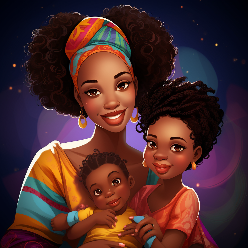 Cartoon of African American Mother and 3 Babies