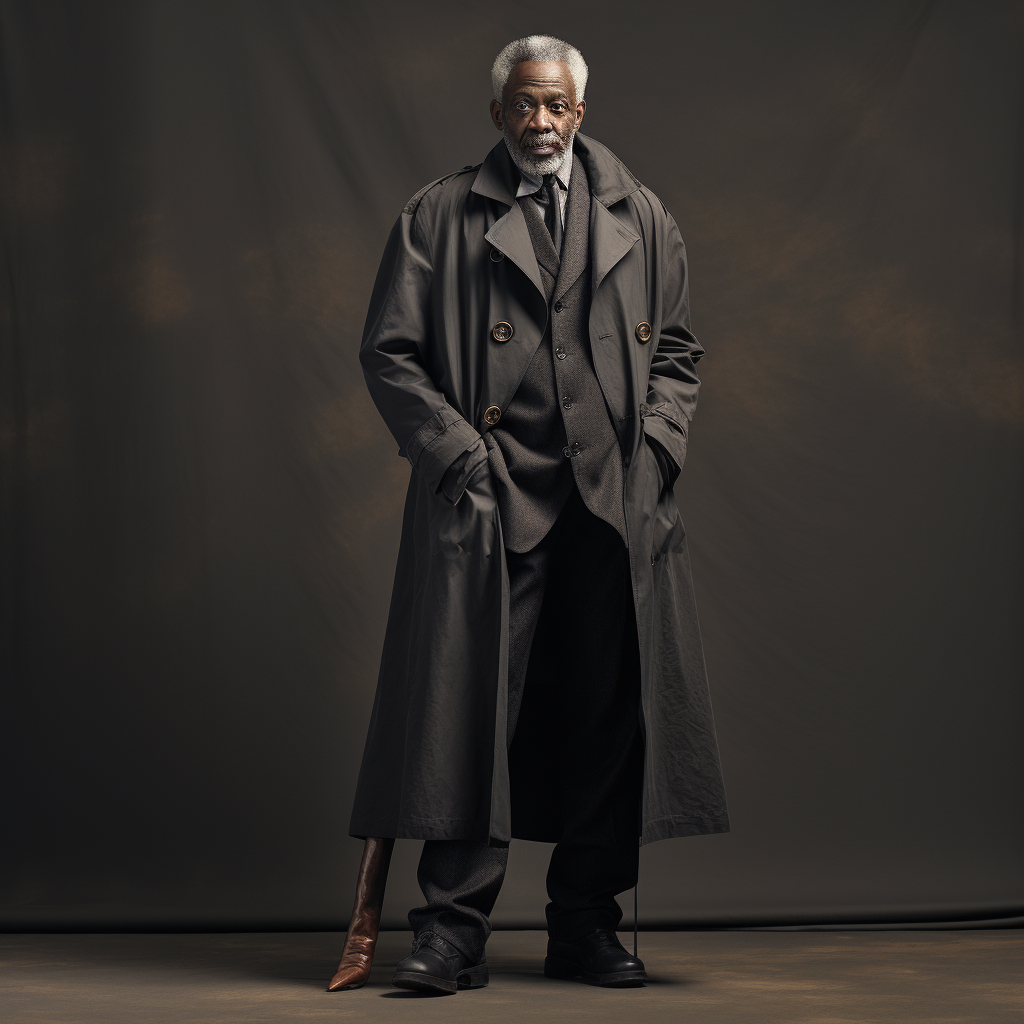 African American man in trench coat and boots