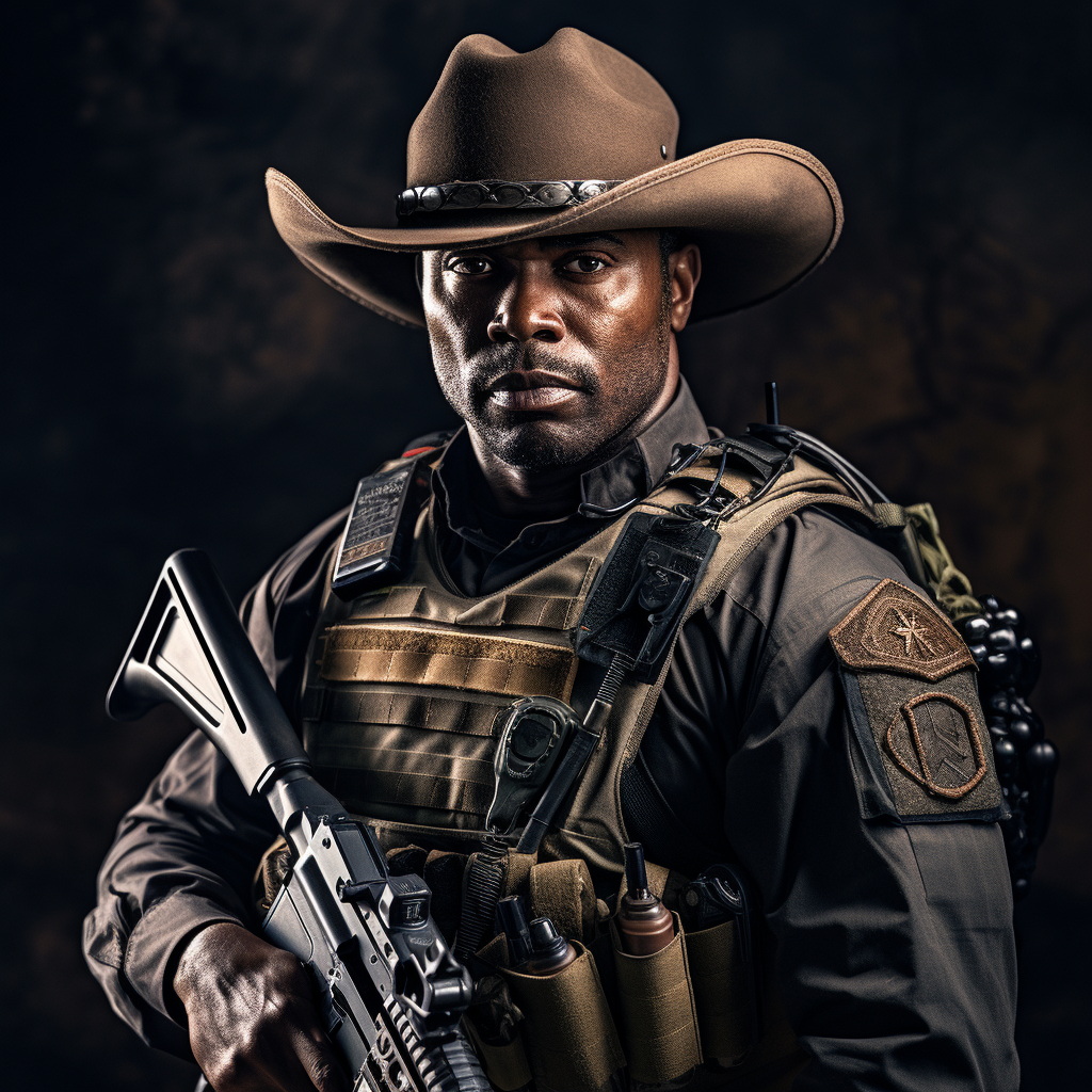 African American SWAT Operator in Full Tactical Gear and Cowboy Hat