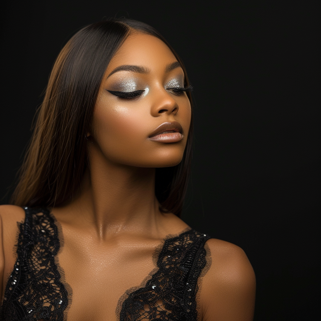 African American woman in black lace cocktail dress