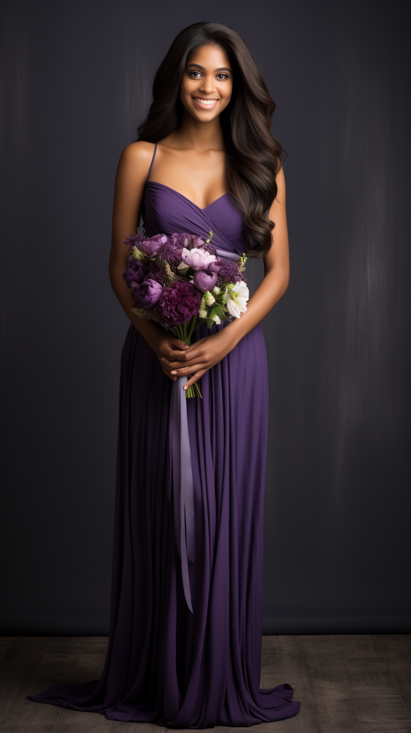 African American woman in purple bridesmaid dress