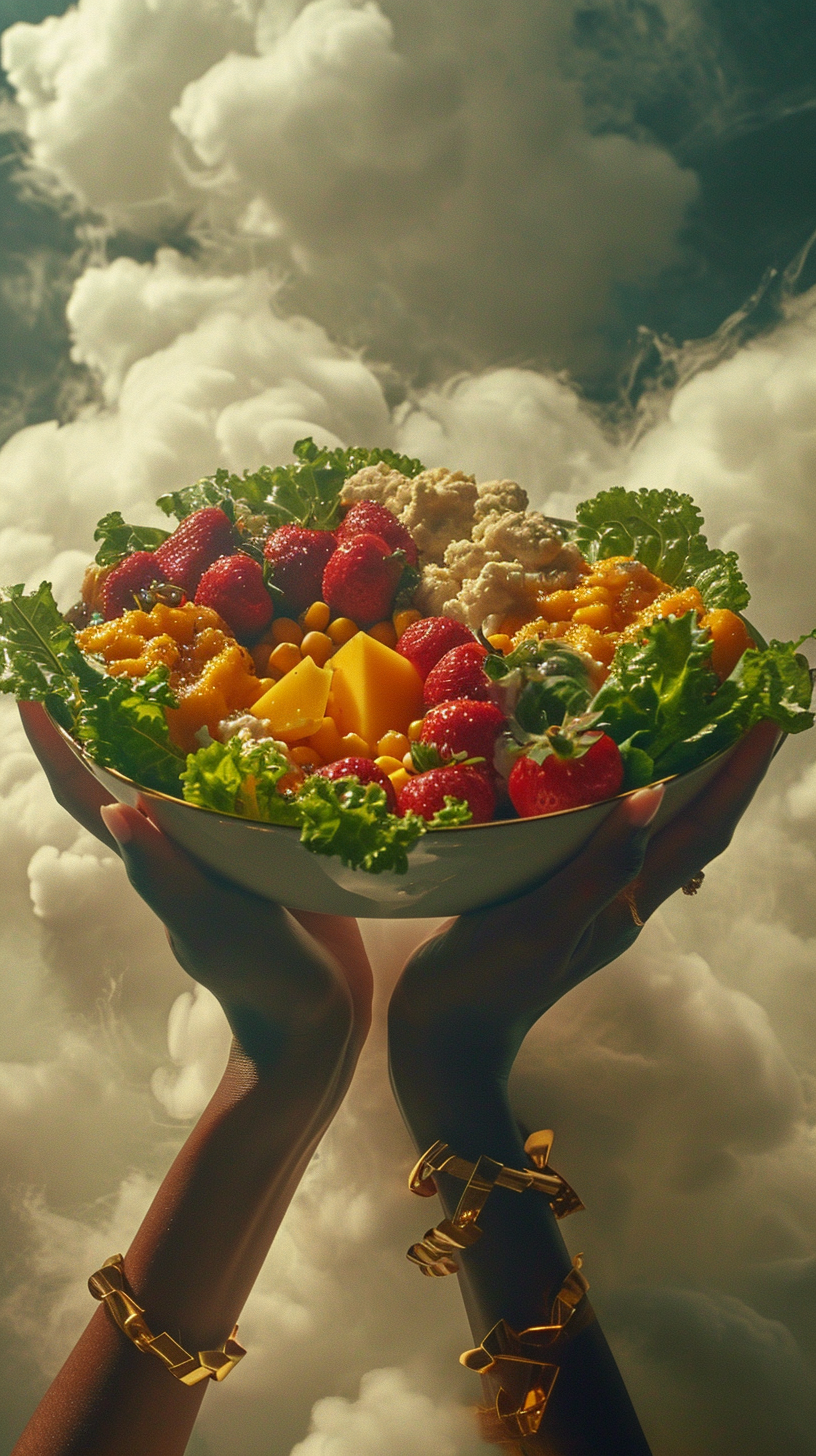 African American woman holding healthy salads in clouds