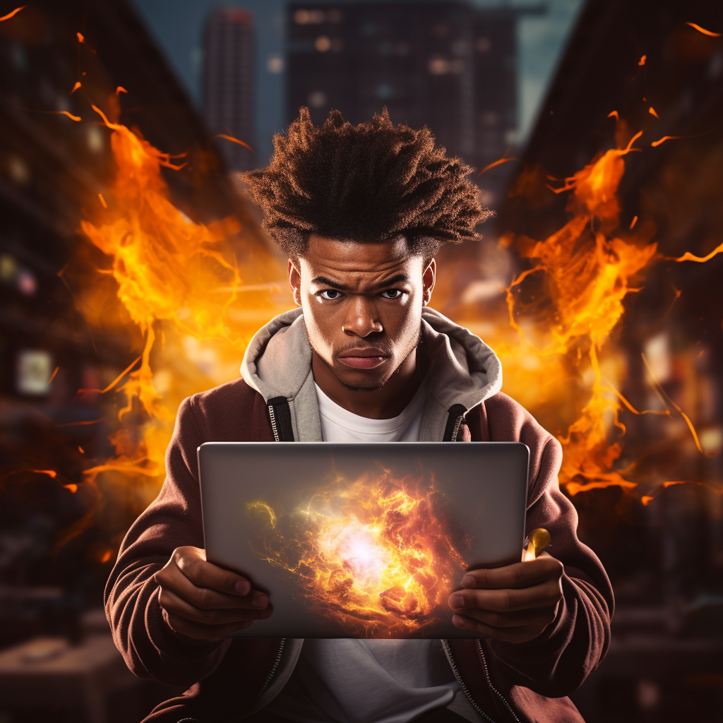 African American youth using a Macbook and going Super Saiyan