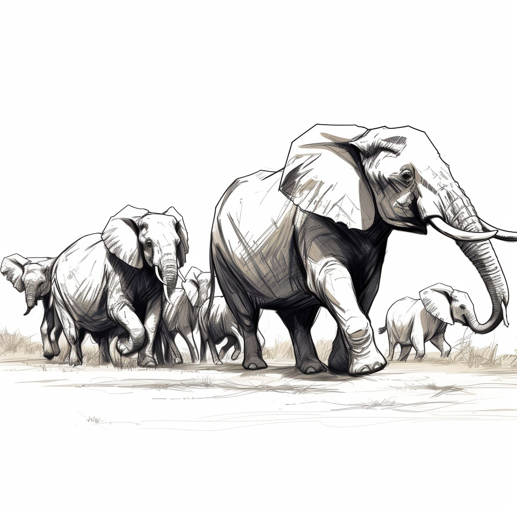 Side view of sketch of African animal herd