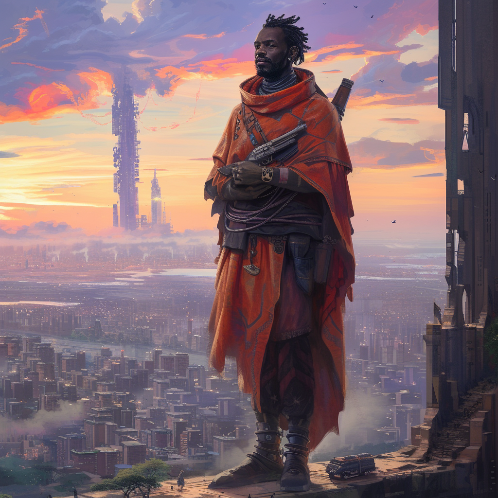 African gunslinger in poncho city landscape