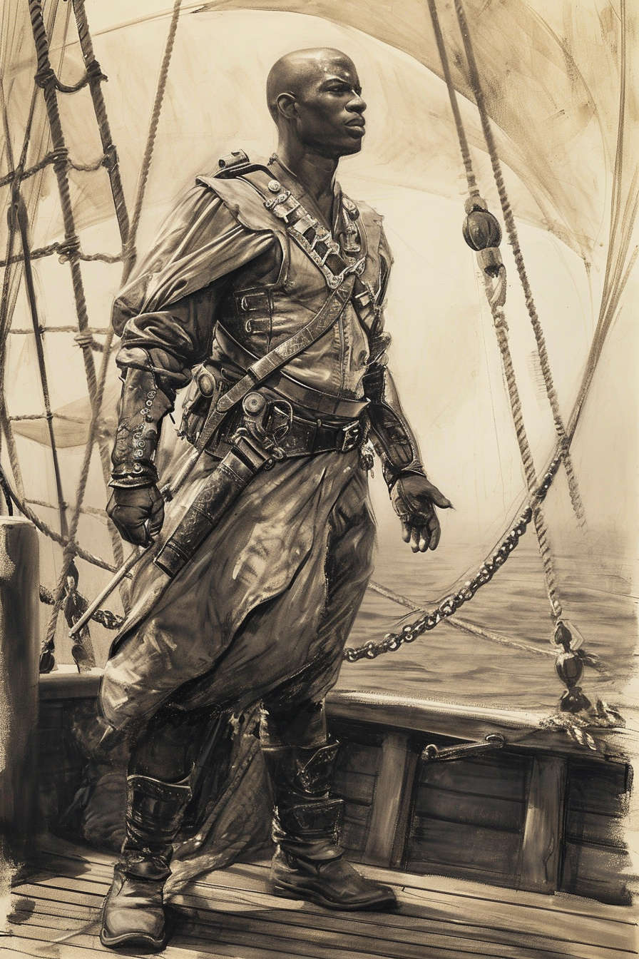 Hand-drawn charcoal sketch of a steampunk African man holding a musket on a ship