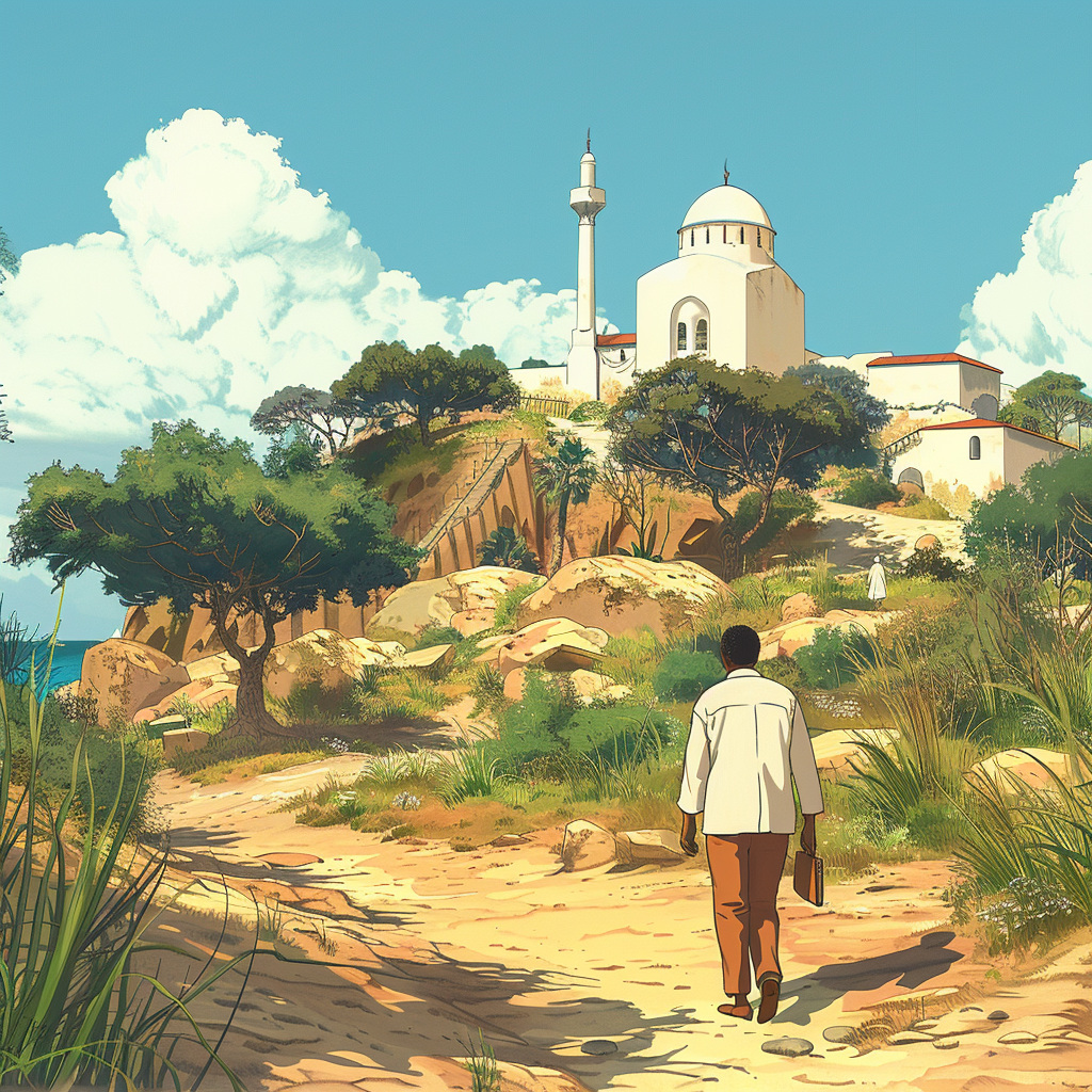 African man walking to small mosque