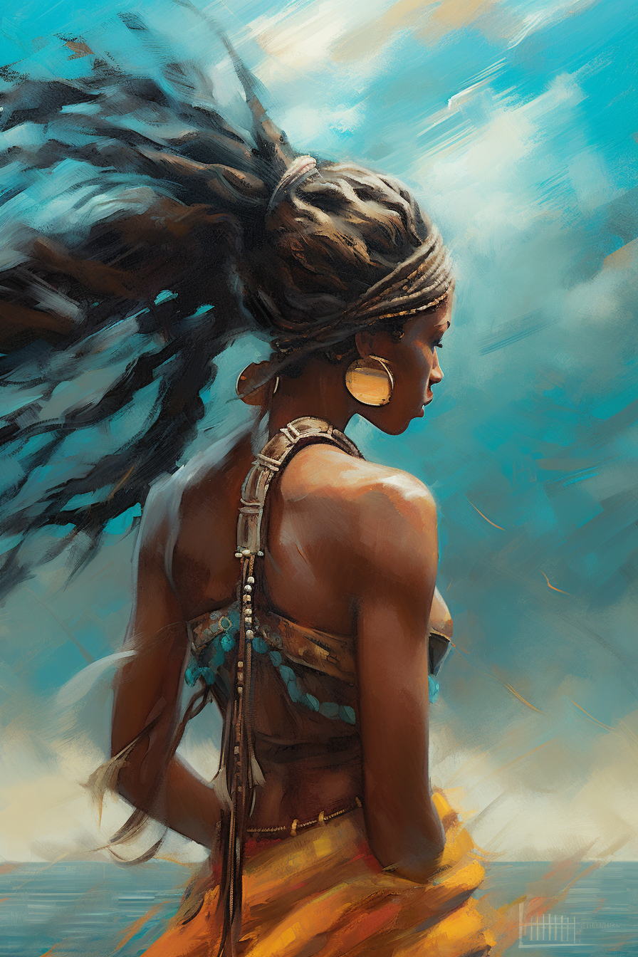 African woman with long, flying hair