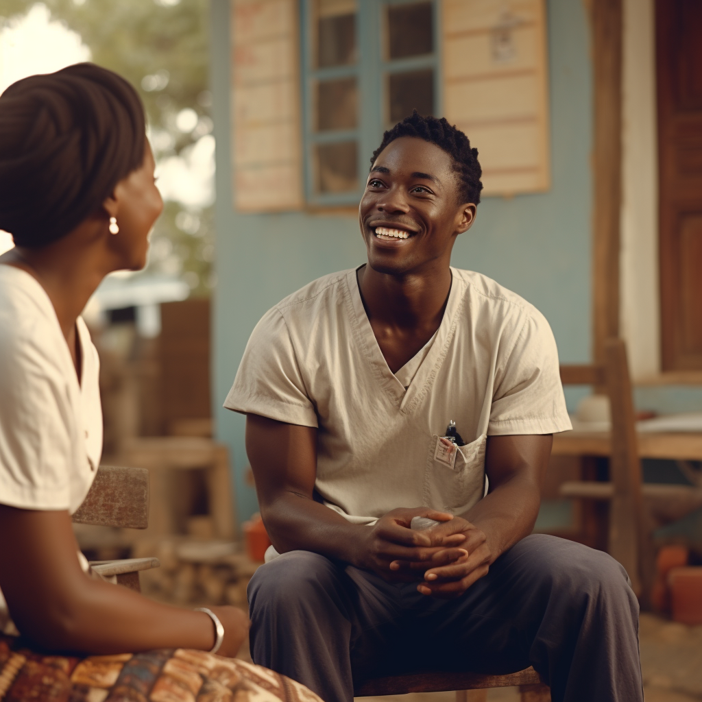 Black African young man talking with nurse in village