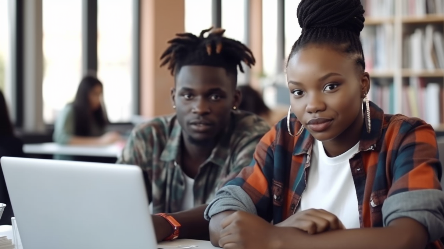 African young students in university library with laptop
