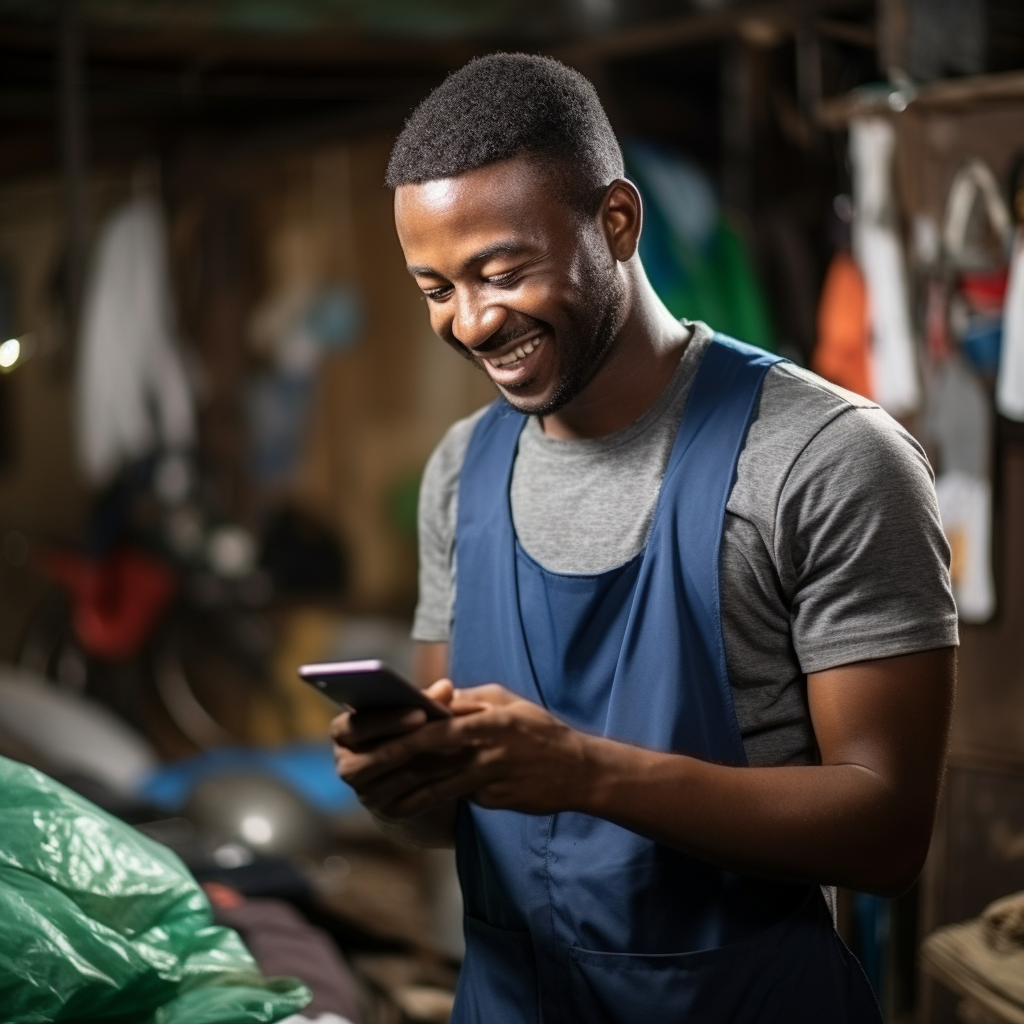 Afro-American male cleaner smiling with smartphone