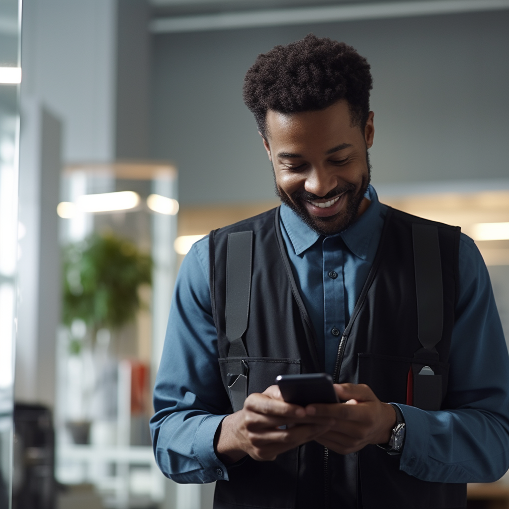 Afro American male office cleaner smiling