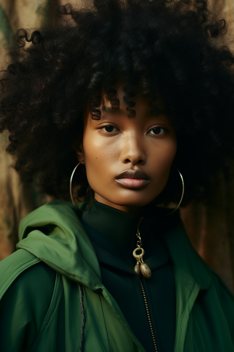 Woman in gray sweatshirt with afro-caribbean influence