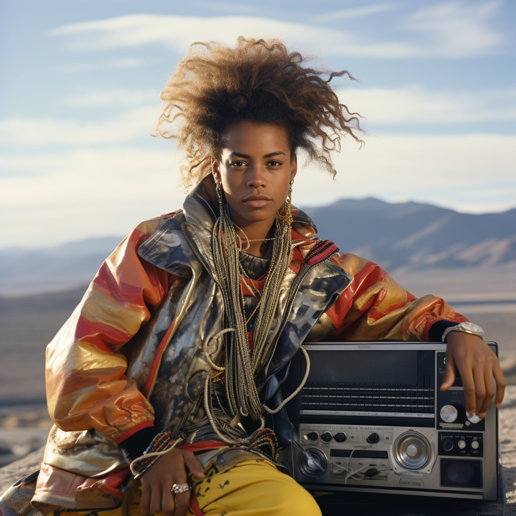 Stylish woman sitting with ghetto blaster in the background