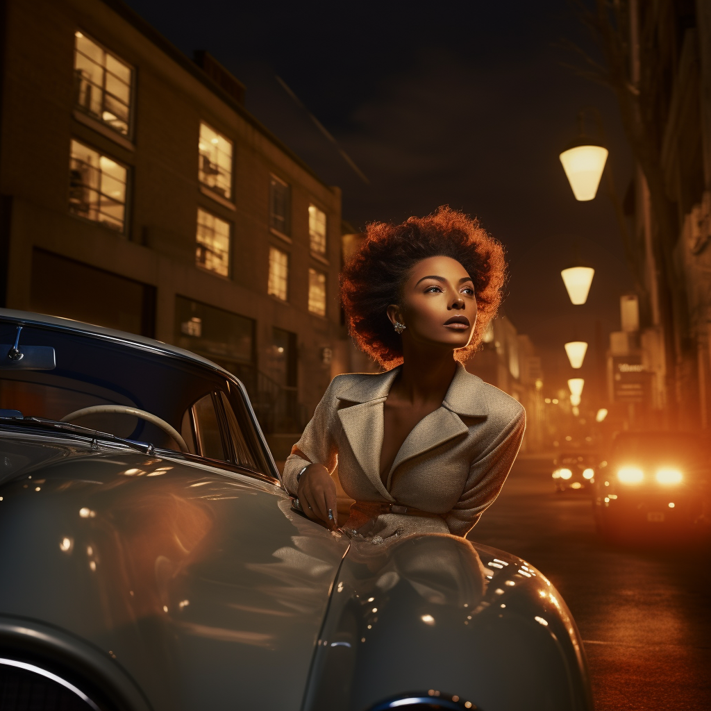 Afro-haired woman driving 300SL Gullwing car