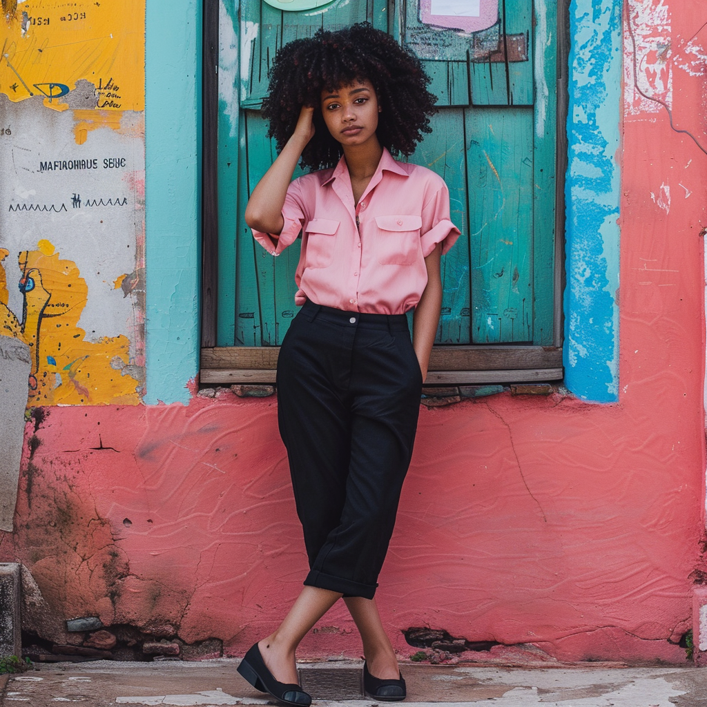 Afro-Latina Pink Shirt Black Trousers