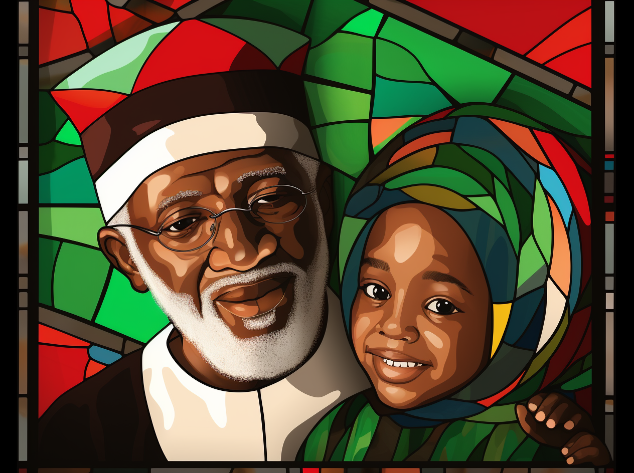 Realistic portrait of Afro Palestinian grandfather and child