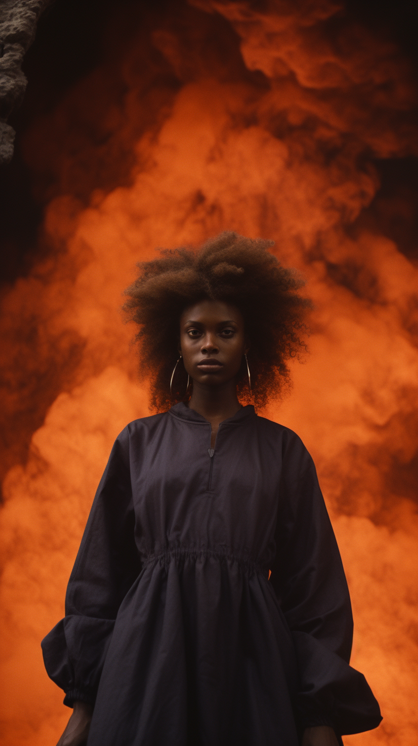 Beautiful woman standing in cave with fiery background