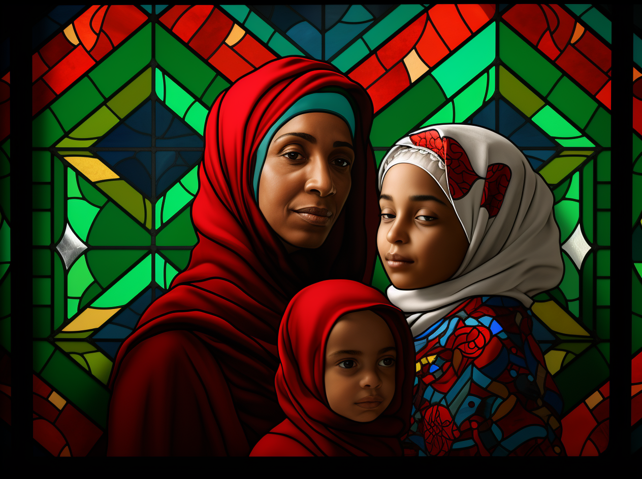 Realistic portrait of Afro Palestinian family in stained glass