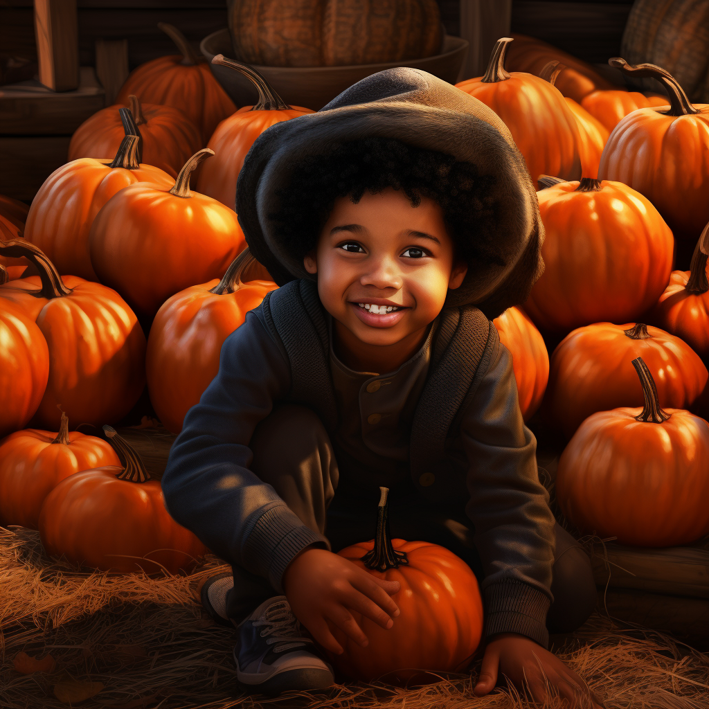 Afroamerican child enjoying pumpkin farm