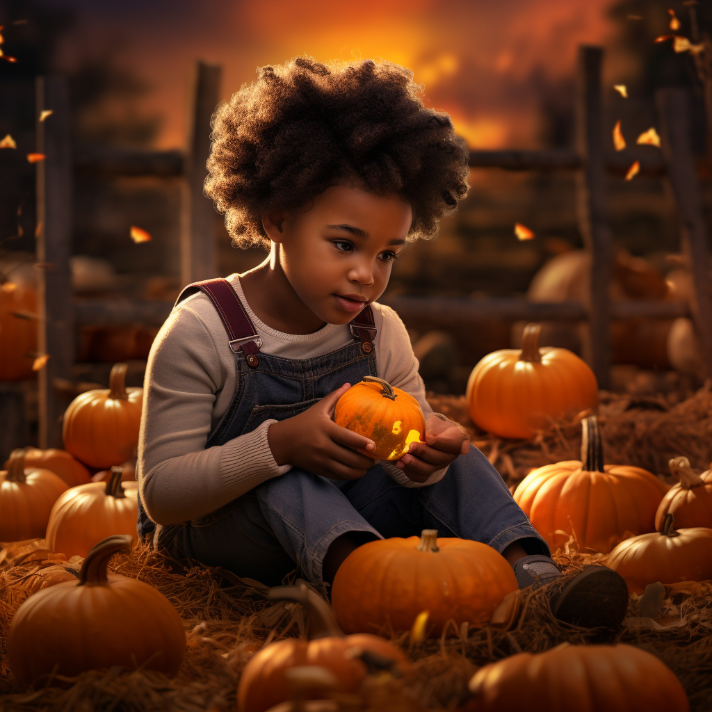 Happy child playing with pumpkins