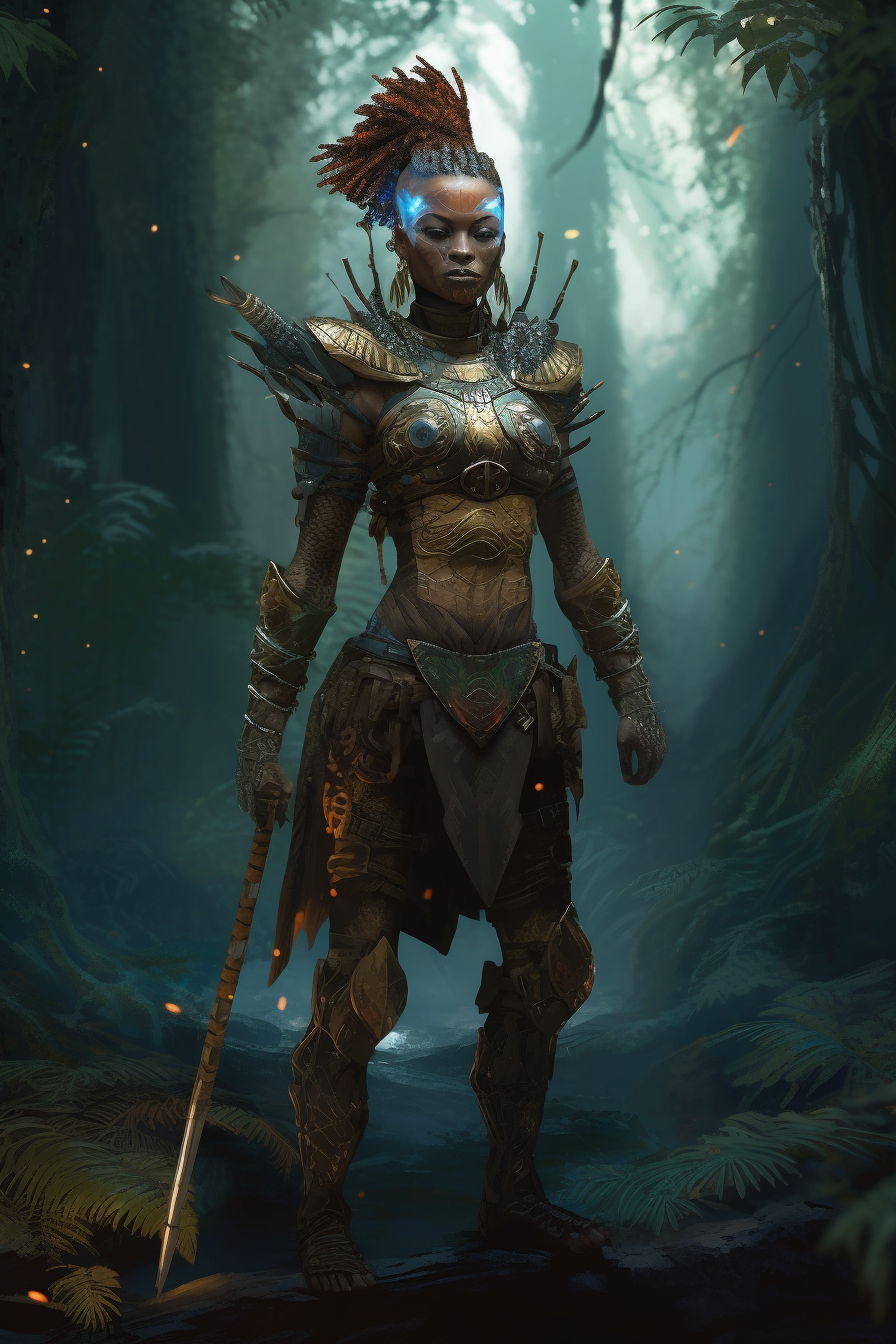 Fashionable afrofuturism woodland warrior in sci-fi fantasy costume