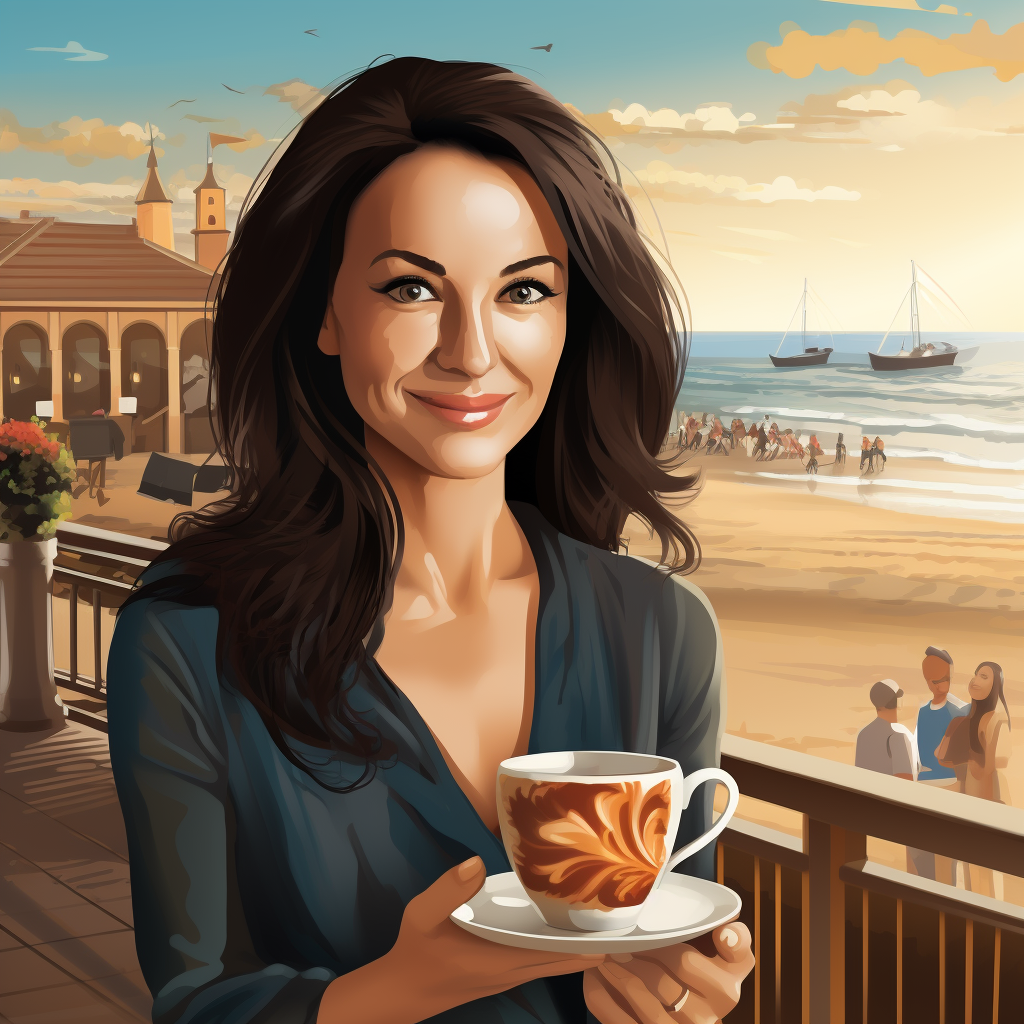 Smiling woman holding a cup and saucer at the beach