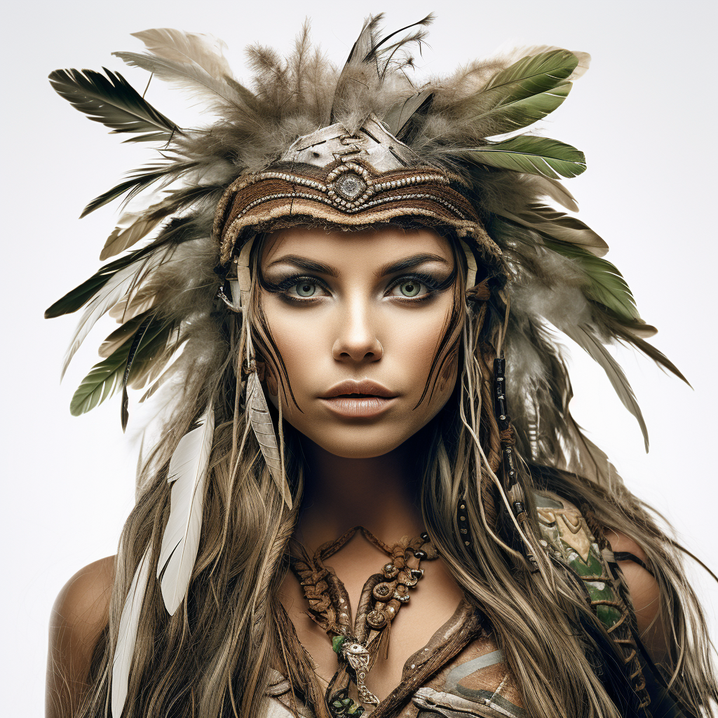 Beautiful ageless wood elf ranger with braided hair and feathers.