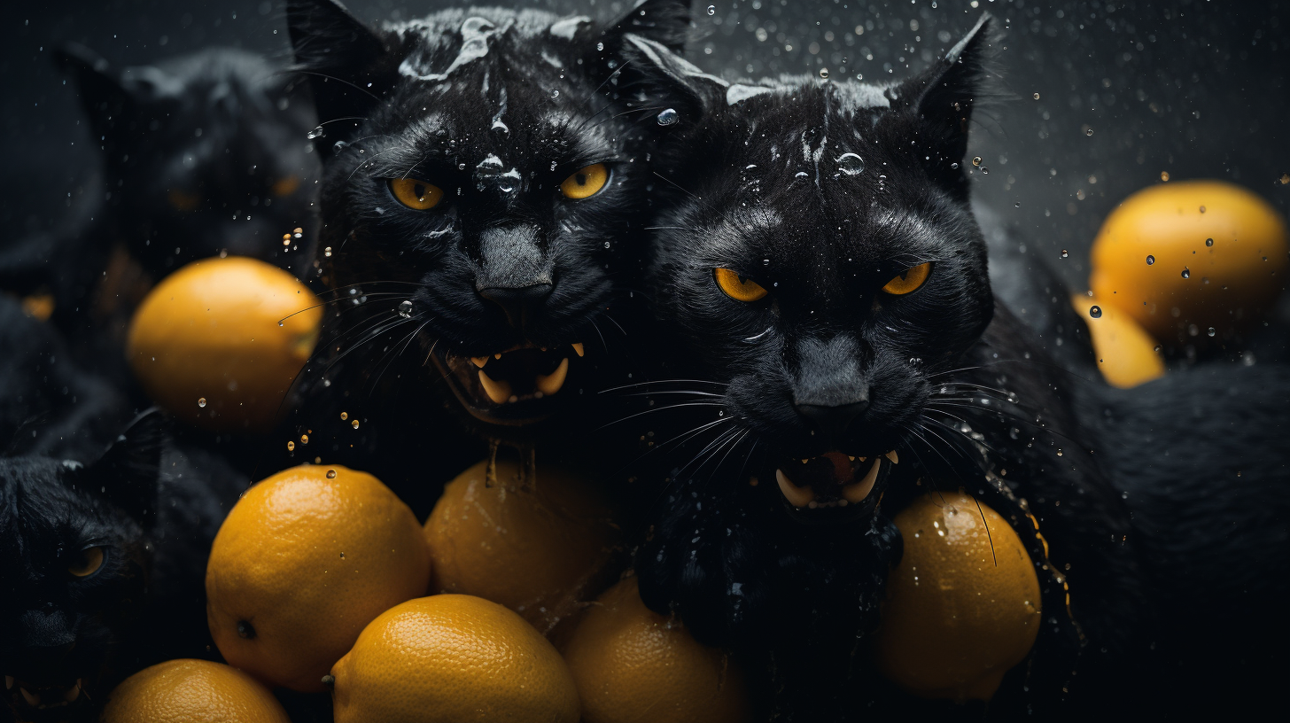 Aggressive Black Panthers in Oranges Fruit Storm