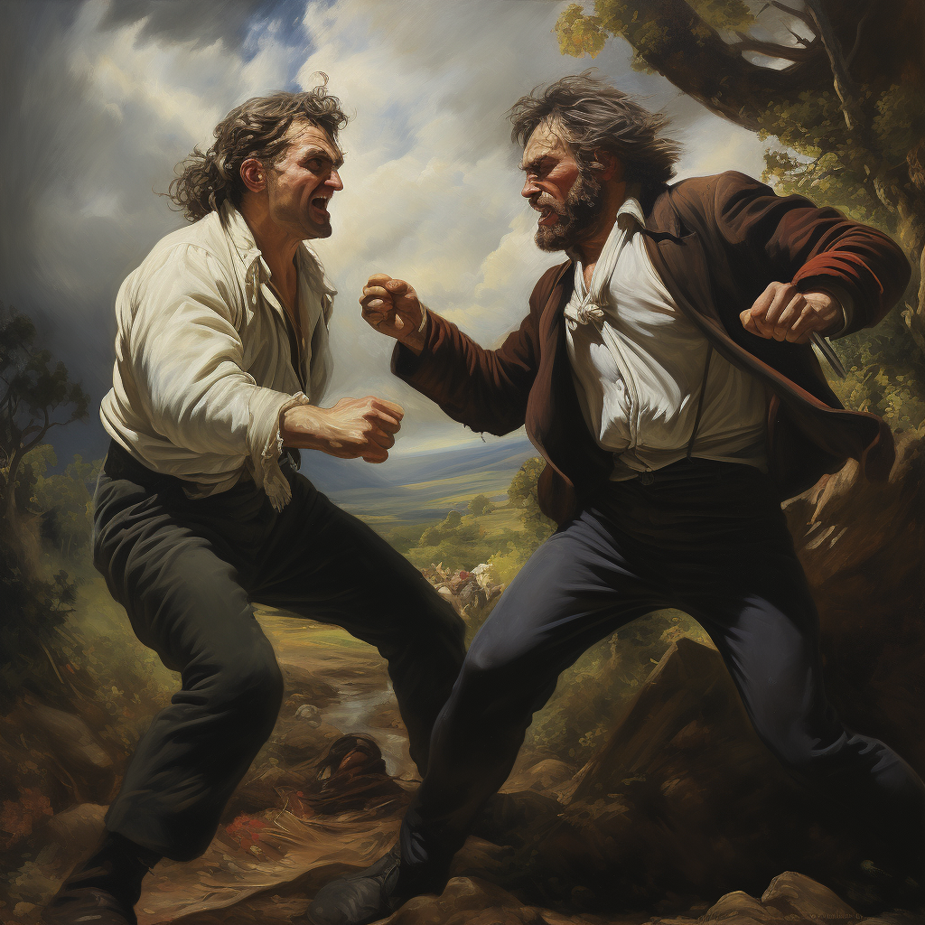 Two men fiercely fighting each other