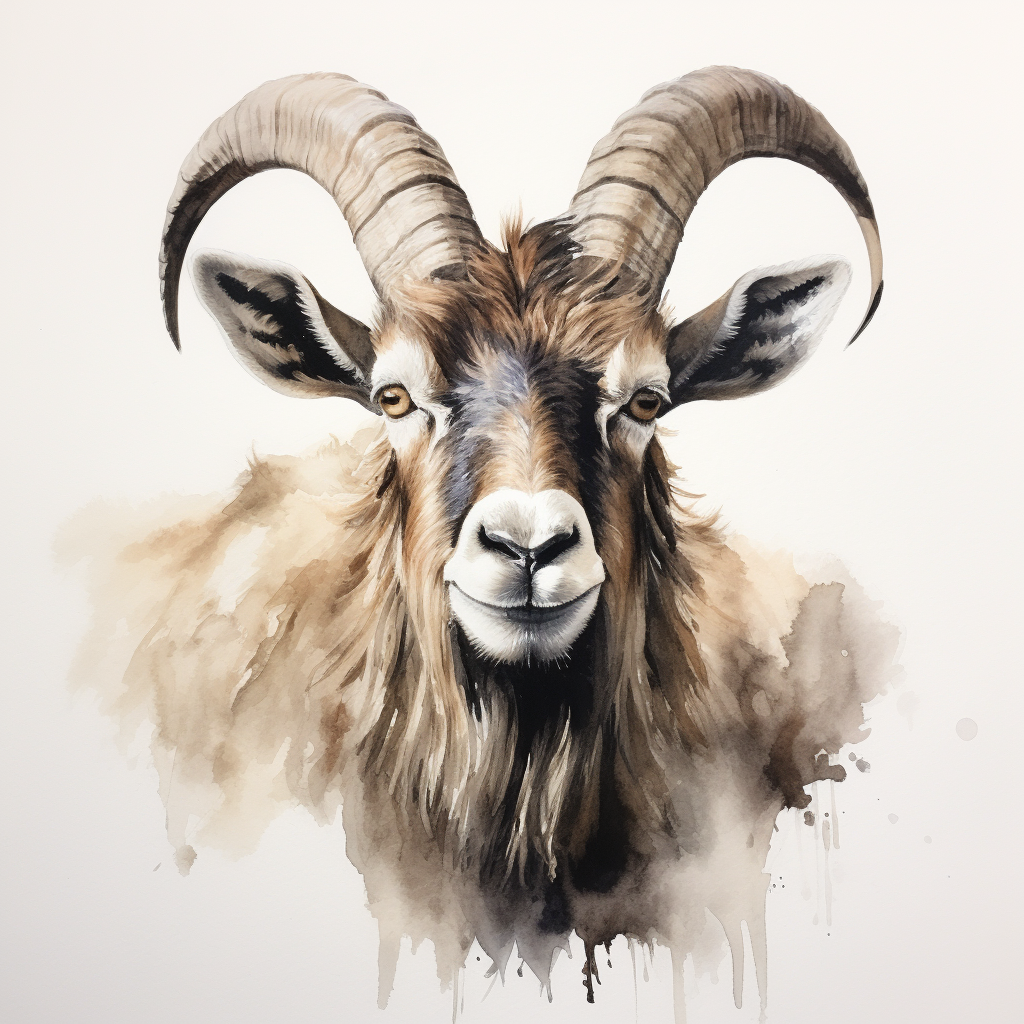 Aggressive and imposing goat in watercolour