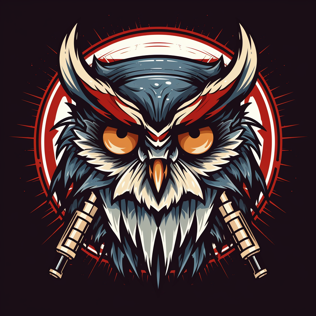 Aggressive owl with hockey helmet and crossed sticks