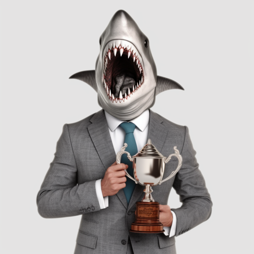 Aggressive shark holding a trophy in a suit