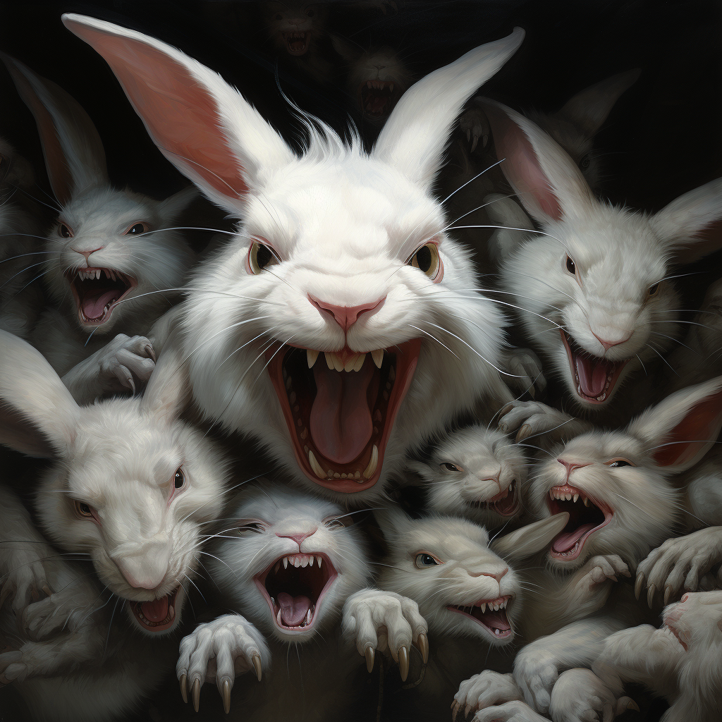 Aggressive white rabbit surrounded by cute bunnies