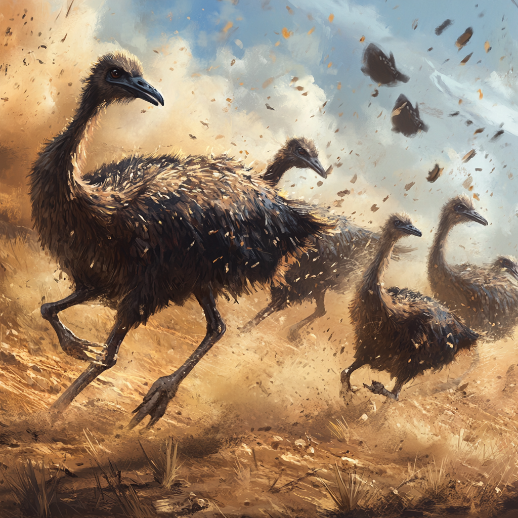 Emus dodging gunfire in field