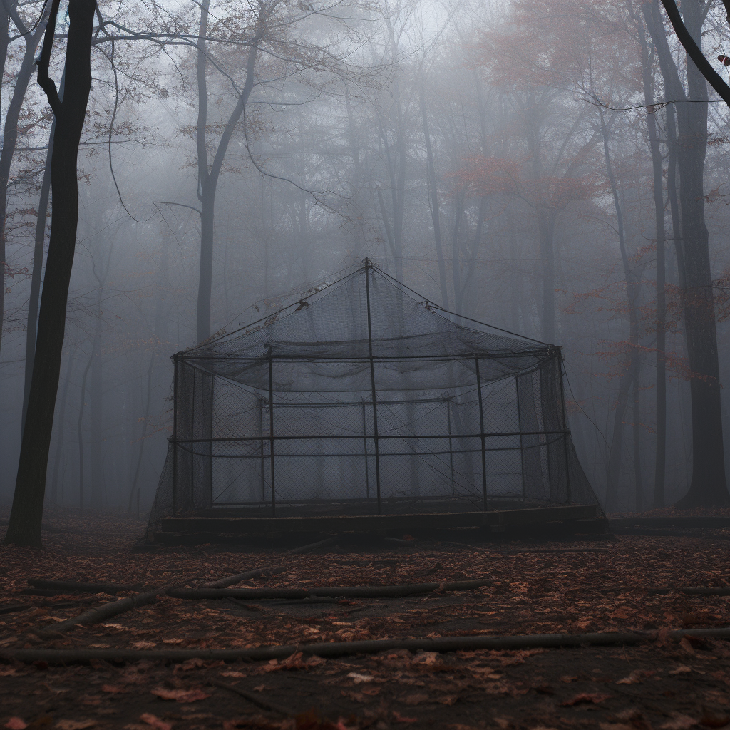 Wrestling ring in woods with barbed wire, fog, leaves