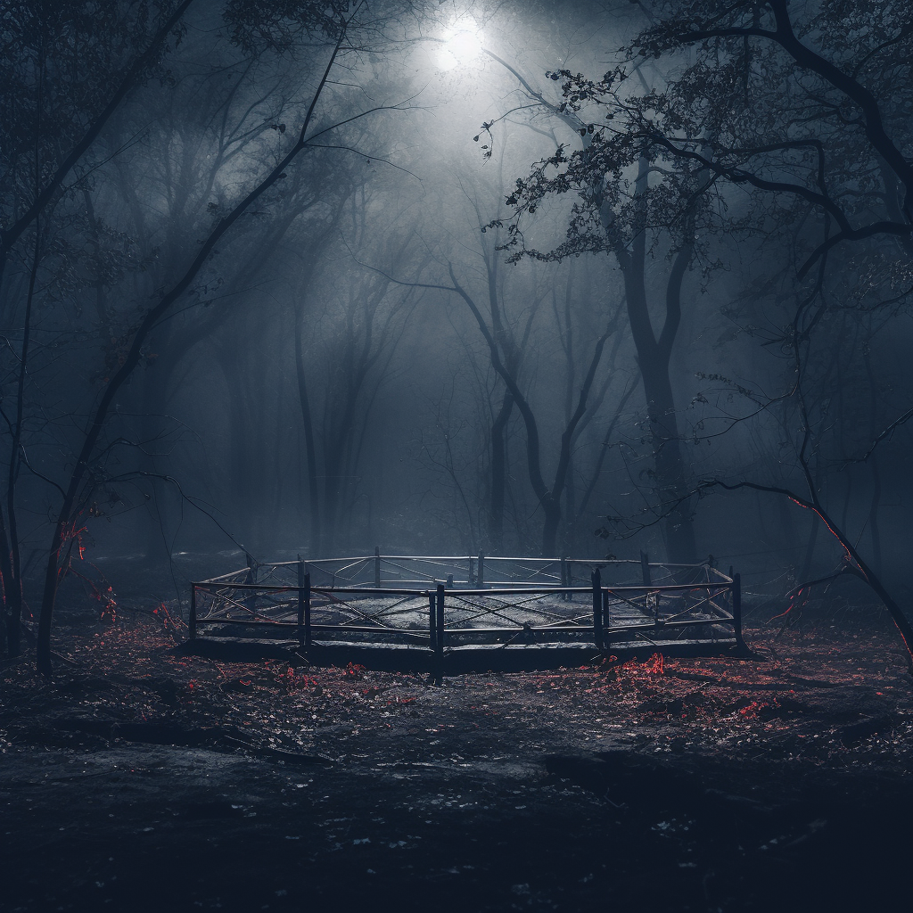 wrestling ring in woods with barbed wire fence