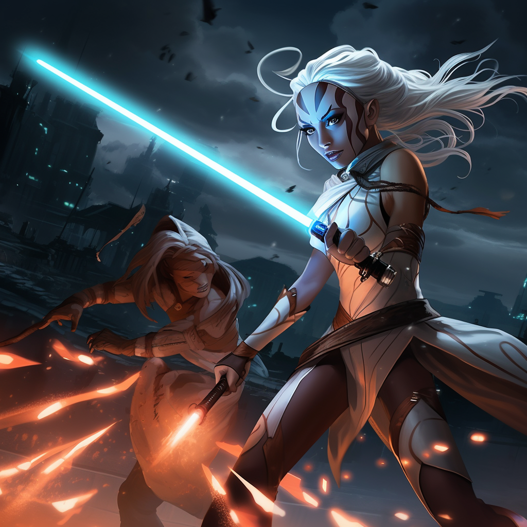 Ahsoka fighting Night Sister with lightsaber