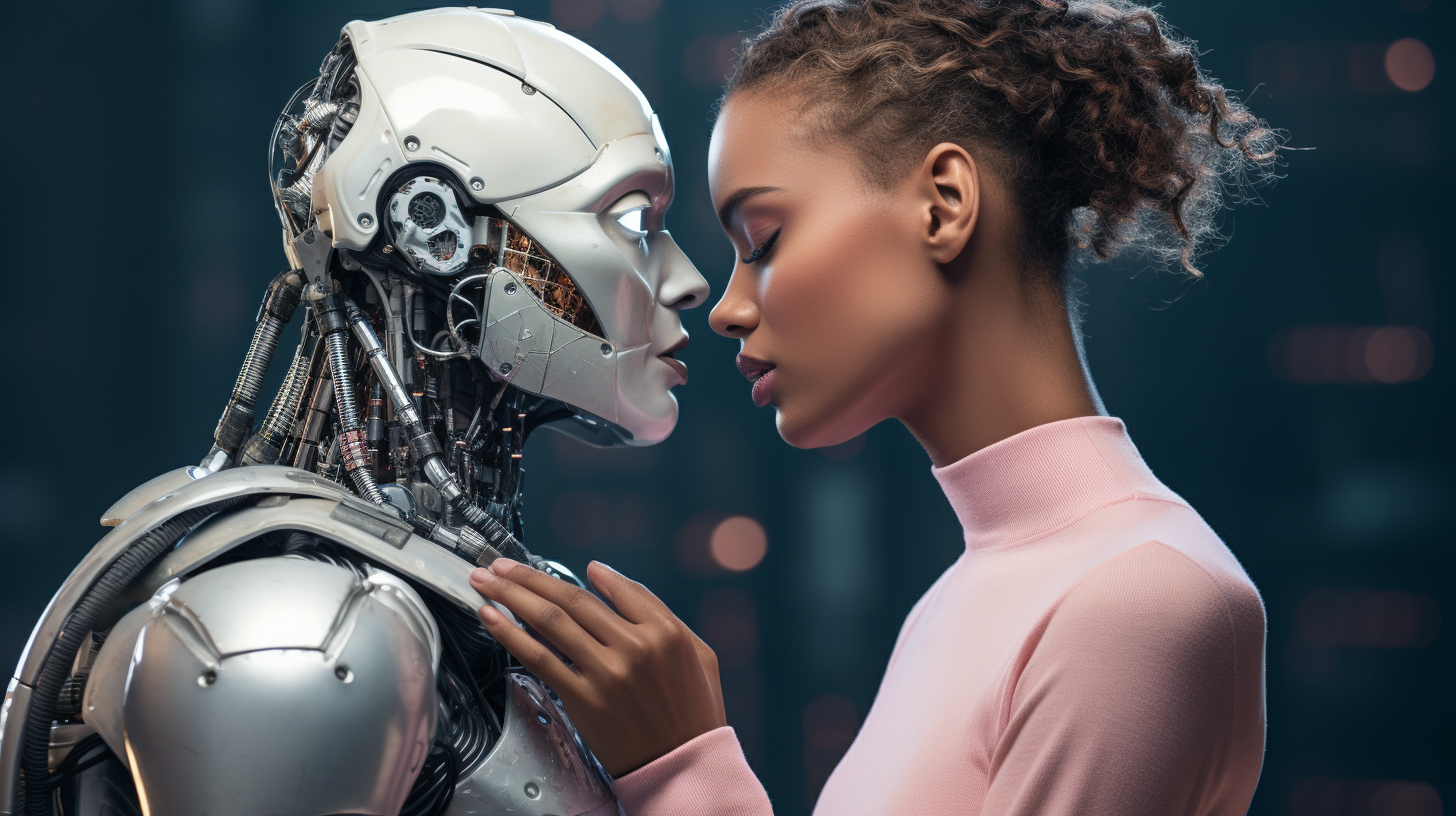 Realistic AI android destroying human with a kiss