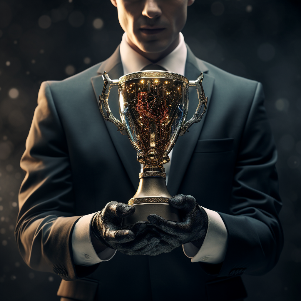 Person holding AI championship trophy