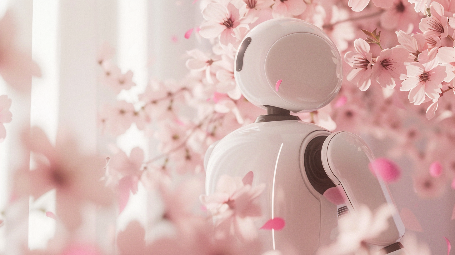 White AI chatbot with cherry blossoms