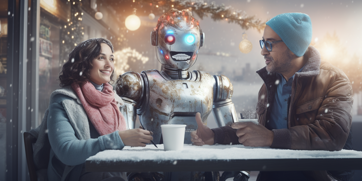 AI robot and developers in holiday campaign ad