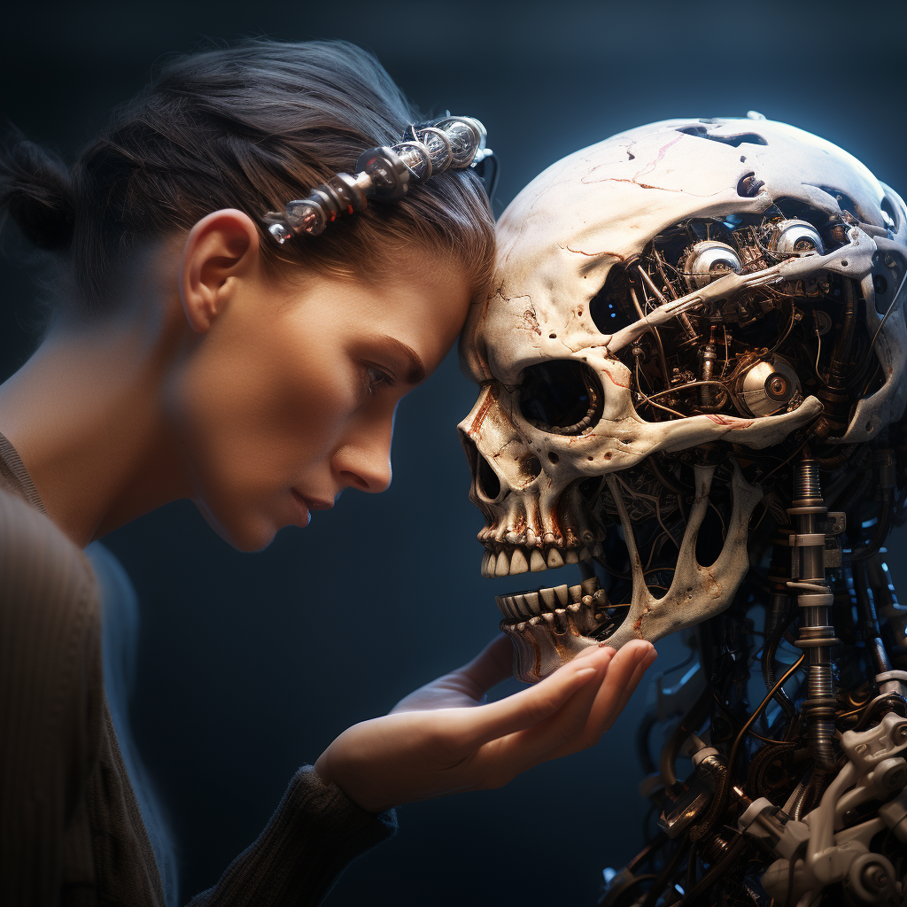 AI robot holding human skull  image